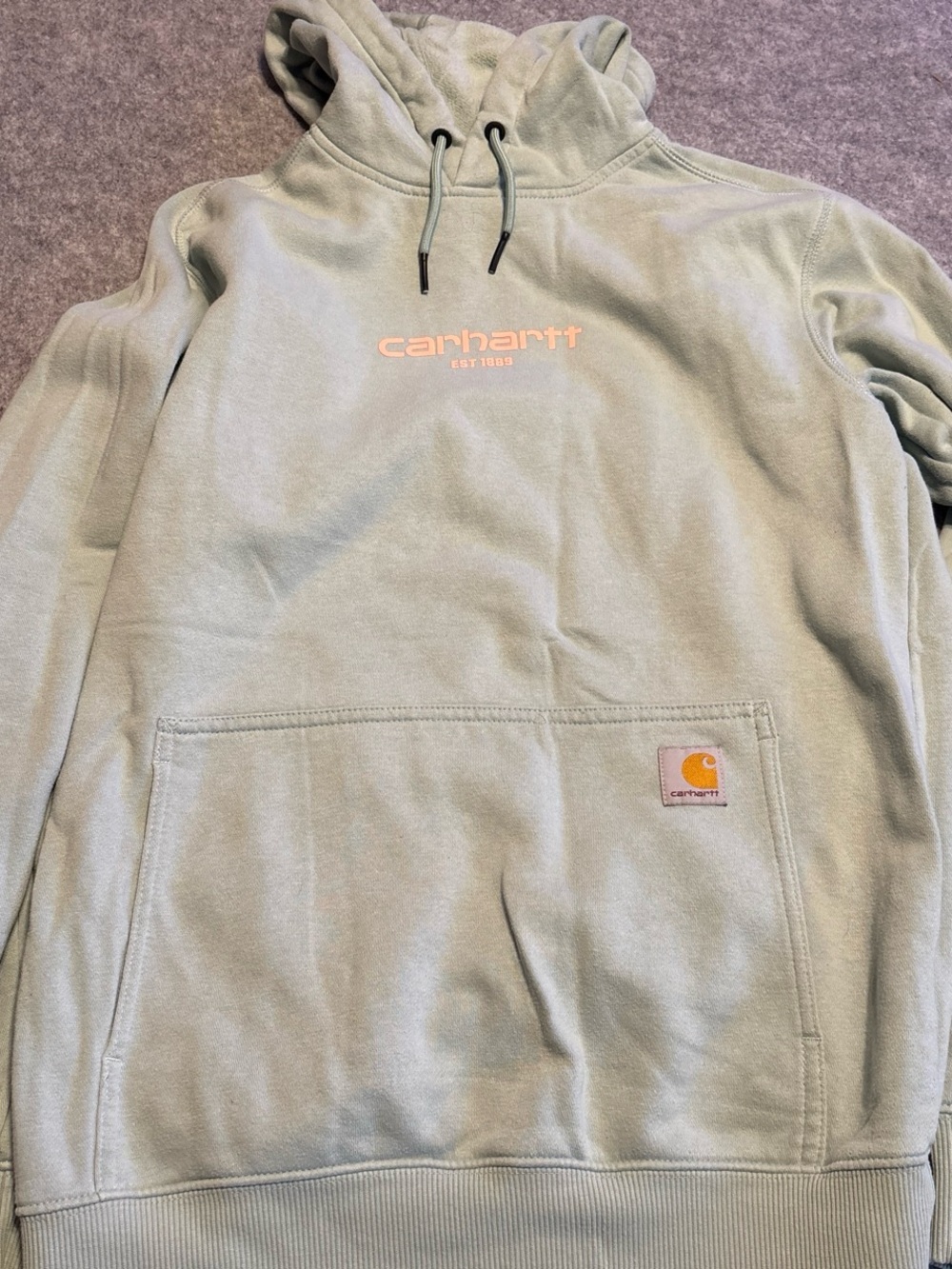 Carhartt Sage Green Pullover Hoodie with Pink Logo